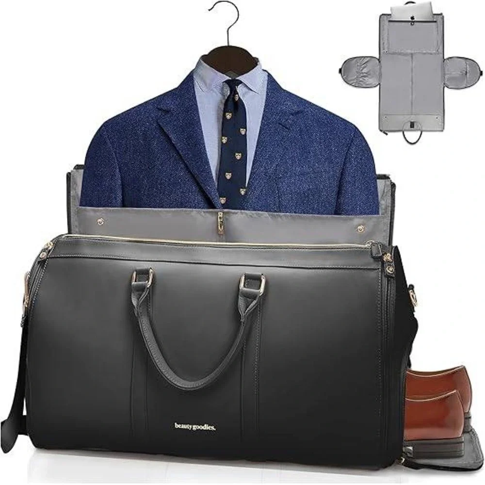 Beauty Goodies 3-in-1 Convertible Garment Bag Duffle Vegan Leather Black 50L